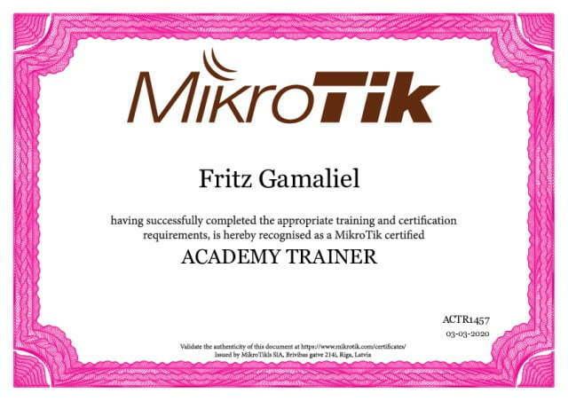 Dosen Prodi Teknik Komputer Mendapatkan Sertifikat Trainer Academy dari Mikrotik